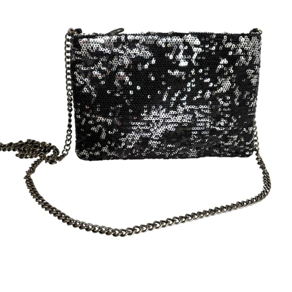 J. CREW Factory Black Silver Sequins Chain Strap Crossbody Sparkly Elegant Bag - Picture 1 of 16